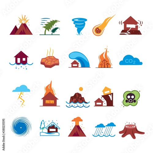 Natural disasters and phenomenons vector illustration set
