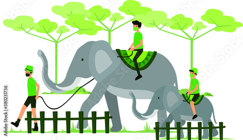 Masked traveler are riding elephant at the zoo during new normaml illustration