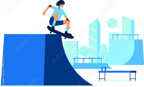 Masked man playing skateboard alone at the skateboard field during new normal illustration