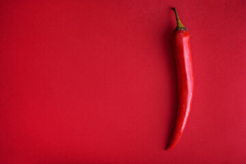 Food background flat lay. Red hot chili pepper on red background from above. Minimal creative still life with mexican spicy paprika.