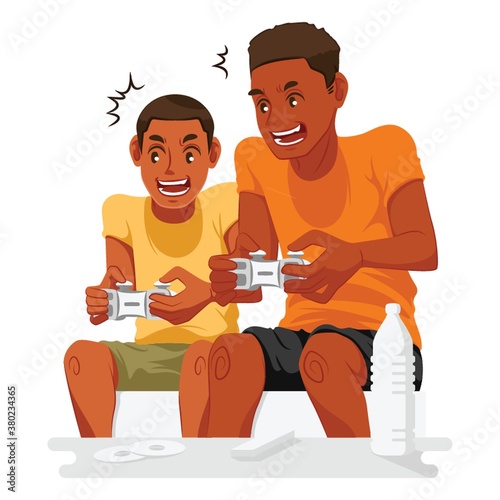 father playing video games with son