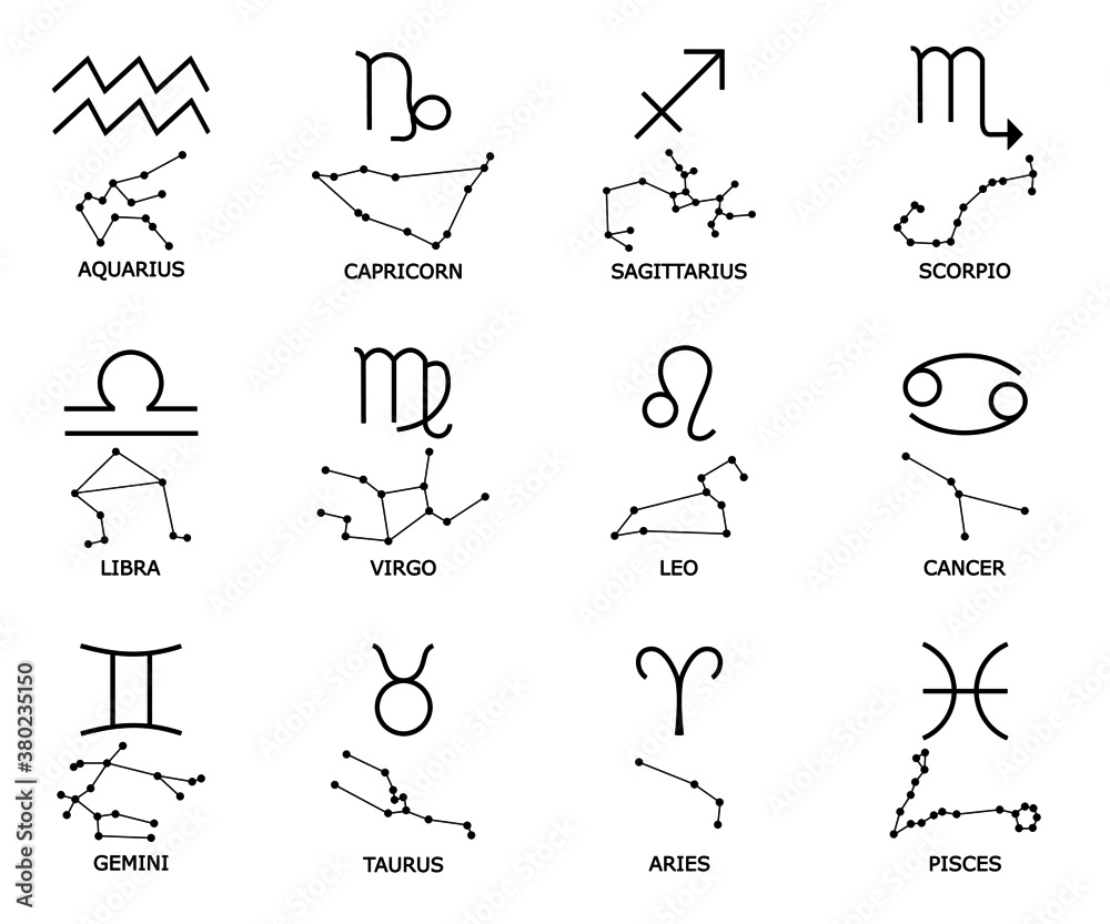 Zodiac sign set with constellation isolated on white background. Star signs for astrology horoscope. Zodiac line stylized symbols. Astrological calender collection. Vector flat illustration.
