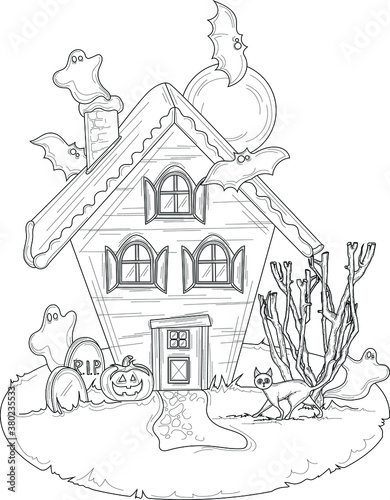 Spooky Halloween house with ghost, bat and cat template. Cartoon vector illustration sketch in black and white for games, background, pattern, decor. Print for fabrics. Coloring pper, page, story book