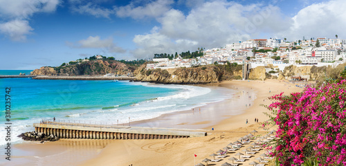 Landscape with old town Albufeira and sandy city beaches in Algarve, Portugal