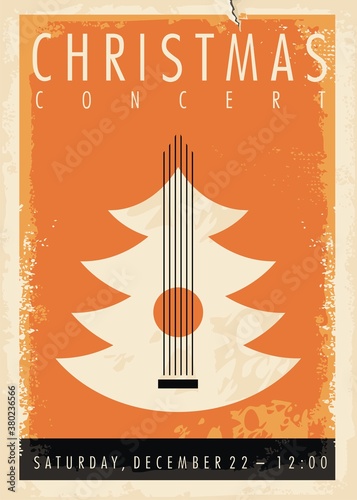 Christmas concert poster idea with Christmas tree and acoustic guitar. Holiday event musical flyer design. Vector music illustration.