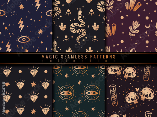 Magic icons doodles golden seamless patterns set