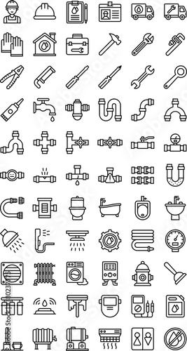 Obraz na płótnie plumber set related saw blade, hummer, water tank, hand shower, pipe line, wrench, bathtub, tool box, water drops, leaking, plumber van, gloves, bathroom signs and setting, vector in lineal style, w salonie