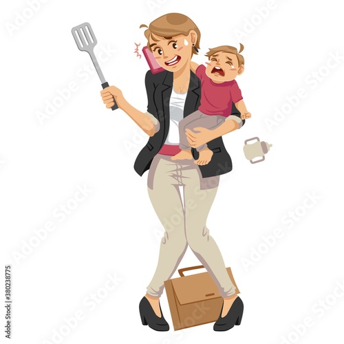 Working mom taking care of crying son.