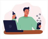 young man sits with laptop and smartphone. Blogging, remote work. Social network. Communication in social media. Cartoon vector illustration