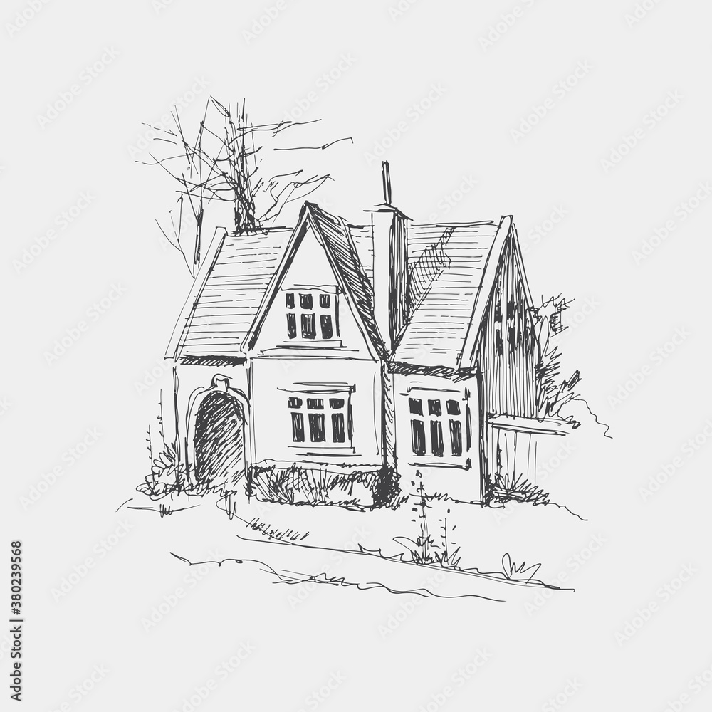 Hand-drawn old English house, manor. Sketch of traditional European architecture of the 19th century. Vector illustration on a light background.