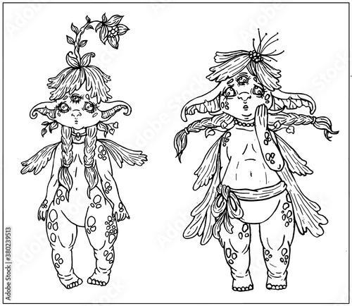 Fairytale creatures, cute cartoon characters, baby forest fairies with big ears and plump cheeks, long pigtail, wings and short legs, with vegetation and flowers on body and head, in different poses.