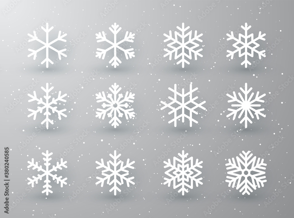 Snowflake winter set of white isolated icon silhouette on white gray background. Vector illustration