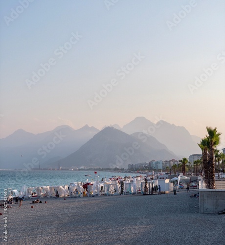 Main beach of Antalya in a small mist.