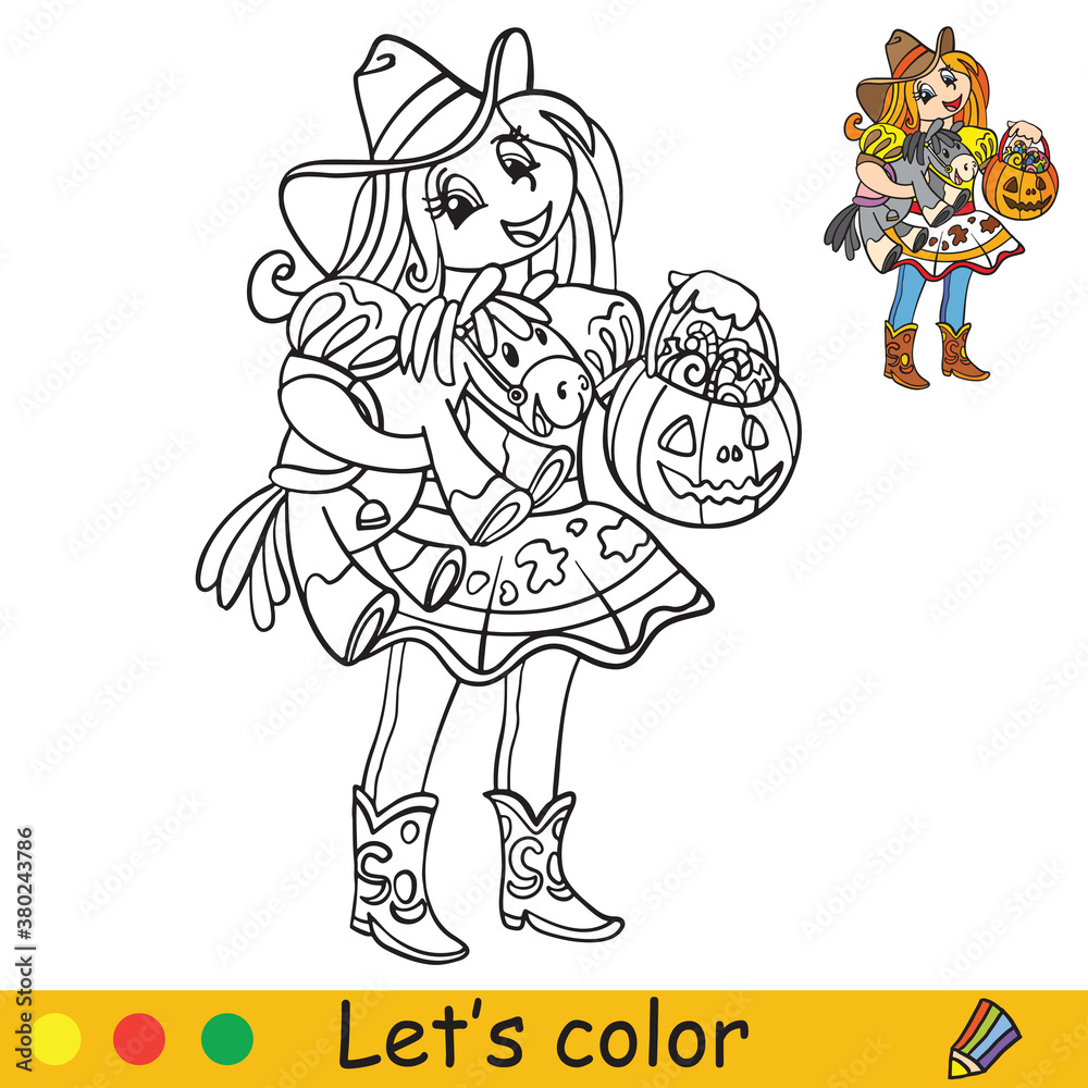 Fototapeta premium Halloween coloring with colored example cute cowgirl