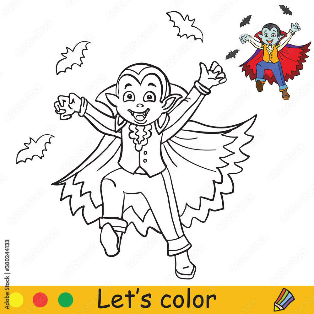 Fototapeta premium Halloween coloring with colored example cute vampire