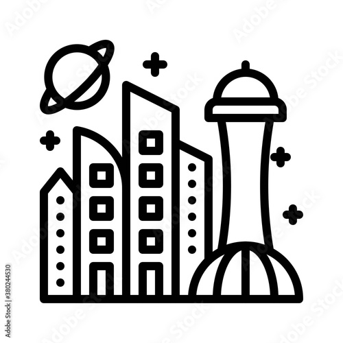 space or planet related space colonization or buildings with planet vector in lineal style,