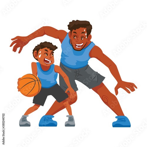 father playing basketball with son