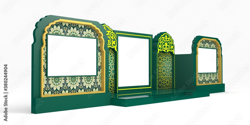 3d illustration stage backdrop islamic ornament decoration with LED TV  Screen for event exhibition. High resolution image white background  isolated. Stock Illustration | Adobe Stock