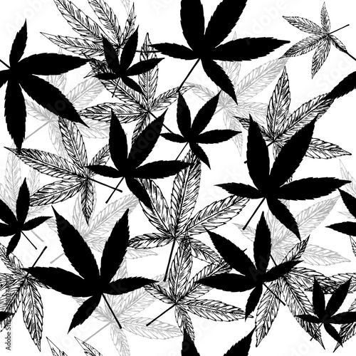 Hand drawn sketch illustration with leaves cannabis seamless pattern on a white background
