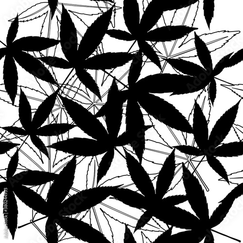 Hand drawn sketch illustration with leaves cannabis silhouette seamless pattern on a white background. Black and white pattern