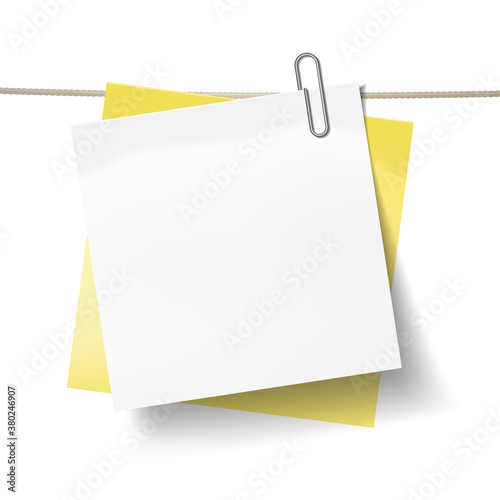 Blue sticky note and white sheet of paper attached metal paper clip on tape. Template for design. Vector illustration.
