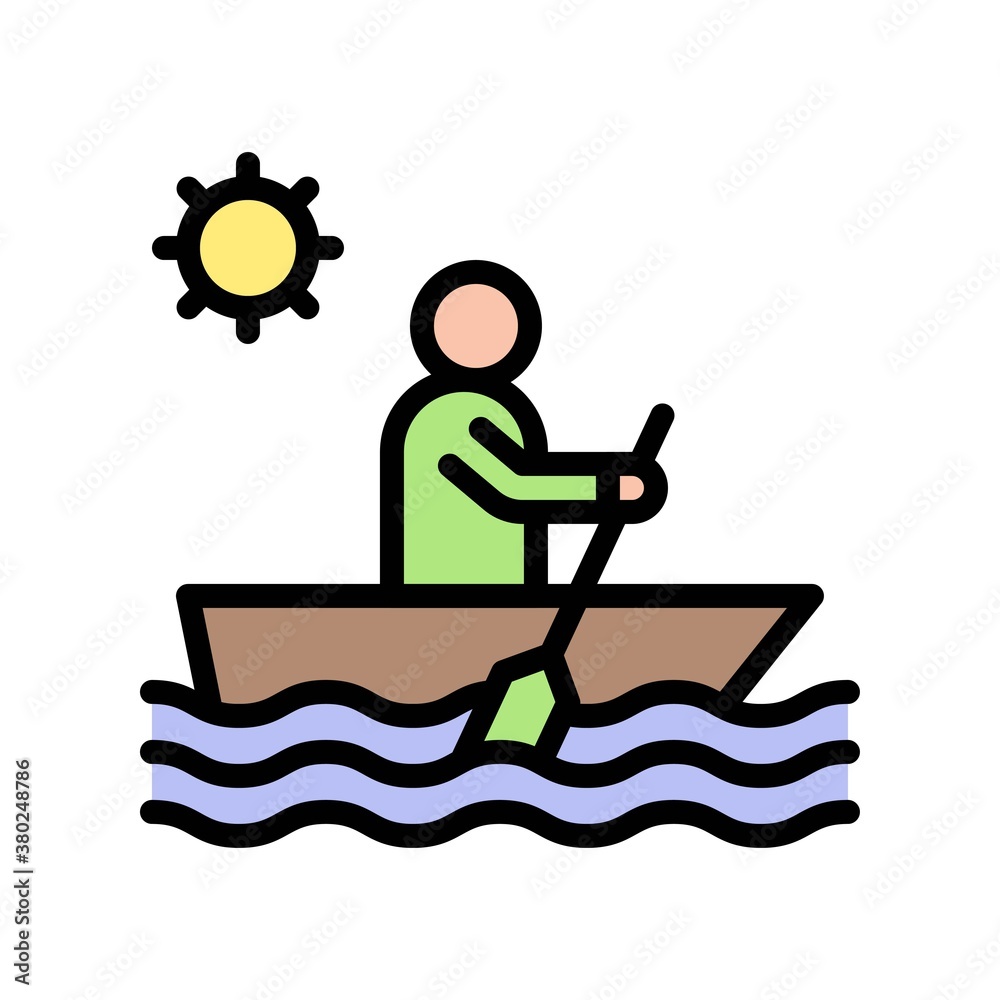 summer holiday related kayak with rowing and boy with water waves vector with editable stroke,