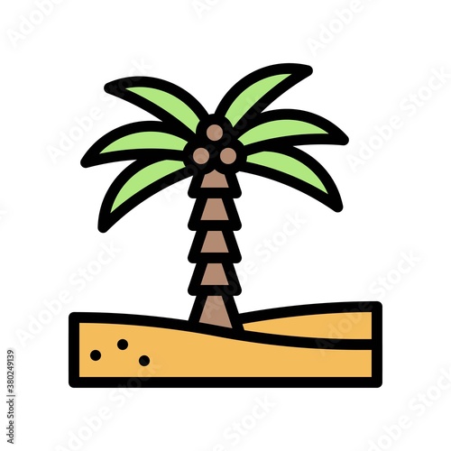 summer holiday related coconut tree on sand with leafs and coconuts vector with editable stroke,