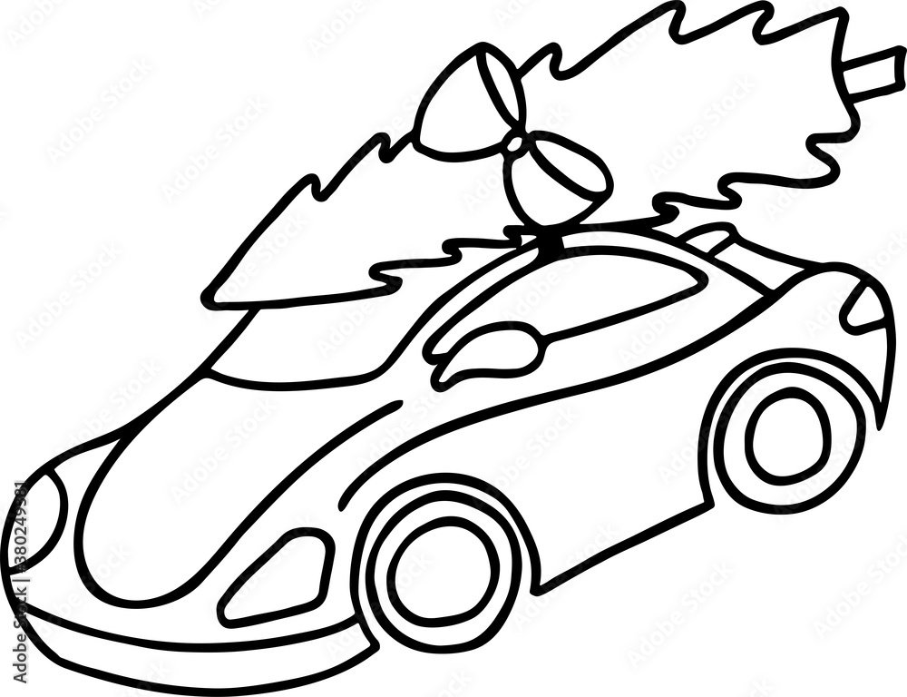 Car with Christmas tree - doodle illustration isolated on white background. Car with Christmas tree - doodle illustration isolated on white background.