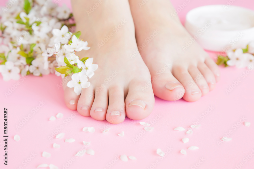 Young, perfect groomed woman feet and white cream jar on pastel pink background. Care about clean, soft and smooth body skin. Beautiful branch of cherry blossoms. Fresh flowers. Closeup. Front view. Young, perfect groomed woman feet and white cream jar on pastel pink background. Care about clean, soft and smooth body skin. Beautiful branch of cherry blossoms. Fresh flowers. Closeup. Front view.