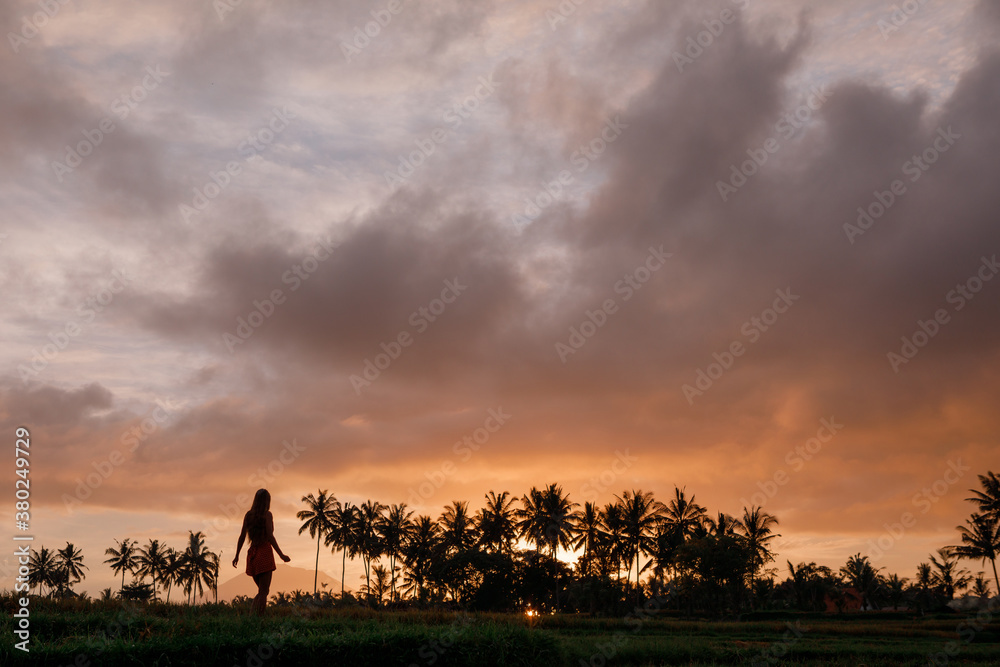 Silhouette of travel girl against the background of a magical sunset in a rice field with coconut palms