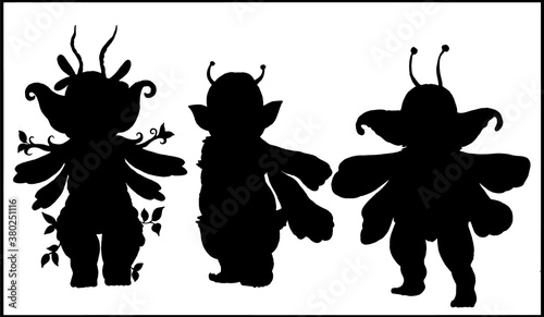 Set isolated silhouette cartoon characters, fairytale forest creatures, cute little bugs plump with antennae and big ears, wings and short legs, with tentacles and round head, in different poses. © Lara_Coolart