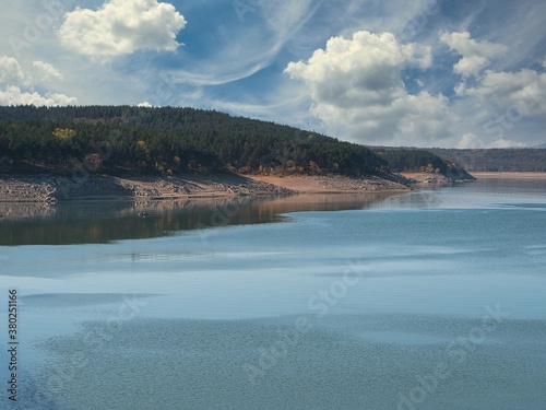 Koprinka Dam, Bulgaria in autumn. Its water has decreased. You can see its bottom.