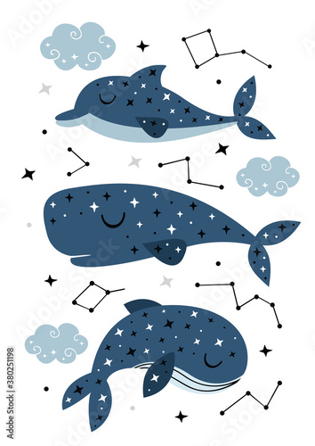 poster with celestial whale, cachalot and dolphin
-  vector illustration, eps