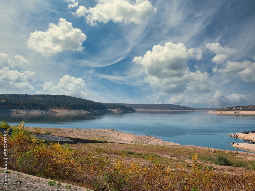 Koprinka Dam, Bulgaria in autumn.
Its water has decreased. You can see its bottom.