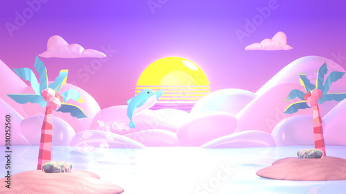 Cartoon dolphin jumping out of the water in the sea. Pink tropical island paradise. 3d rendering picture.