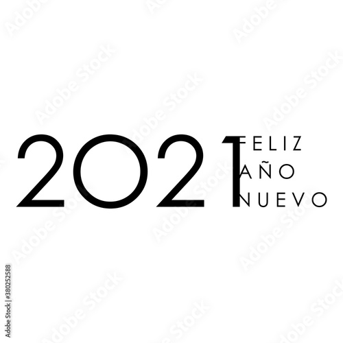 Concepto Happy New Year. Logotipo lineal simple con texto Feliz Año Nuevo 2021 en español en color negro
