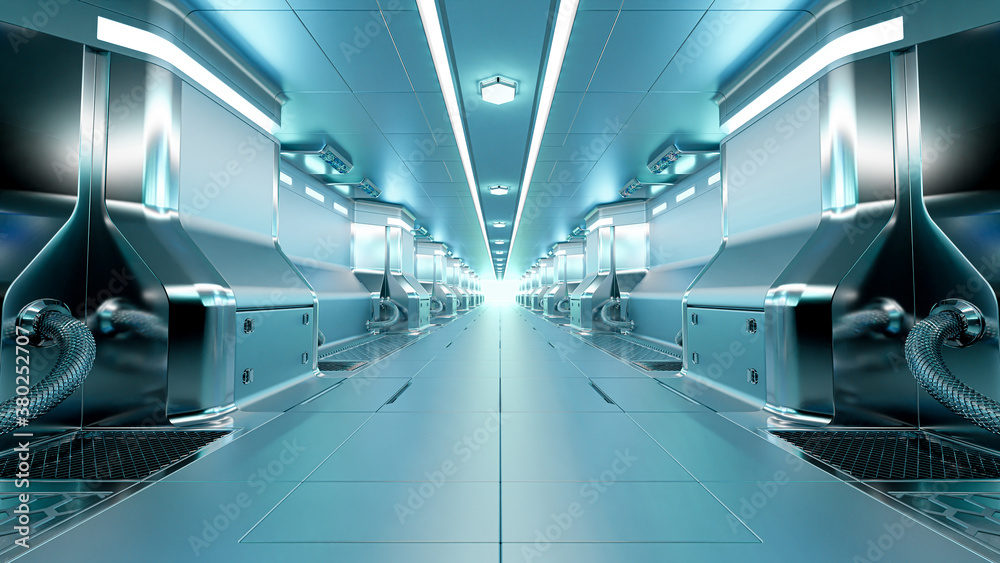 Obraz premium Realistic spaceship sci-fi corridor background, 3D render.