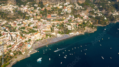 Aerial view of the beach and the town of Positano, located on the Amalfi coast in the province of Salerno, in Italy.