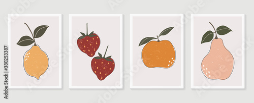 Fruit wall art vector set. Foliage line art drawing with  abstract shape.  Abstract Plant Art design for print, cover, wallpaper, Minimal and  natural wall art.