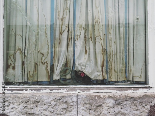 Dirty, soiled, stained drapes and curtains hanging in a window in a city