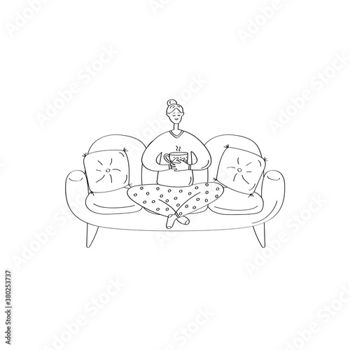 Woman in pajamas sitting on couch. Cozy home card. Hand drawn linear vector illustration