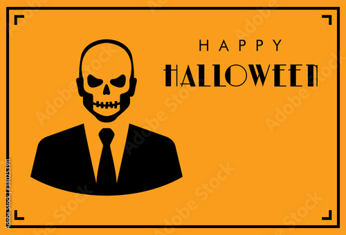 Feliz Halloween. Día de los muertos. Disfraz de zombi. Tarjeta de invitación con esqueleto con traje y tipografía en fondo naranja