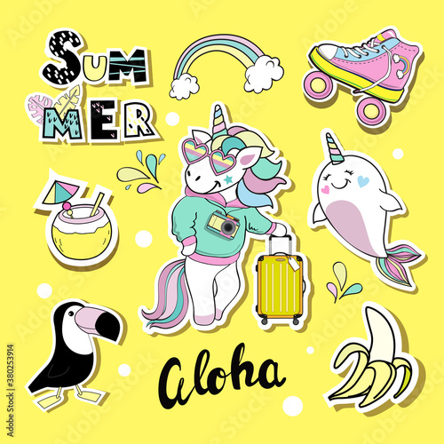 Beautiful summer collection unicorn with a suitcase on a white background, toucan, whale unicorn and coconut. Fashion patch badges