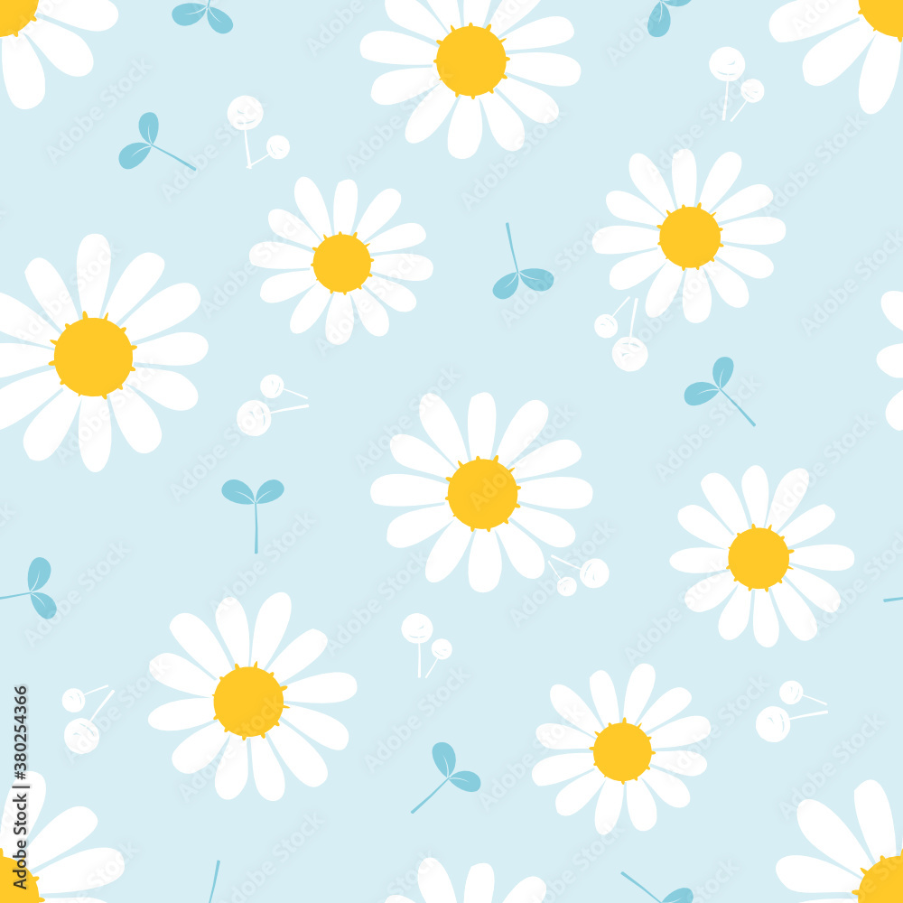 Seamless pattern with daisy flower and young leaves on a blue background vector illustration.