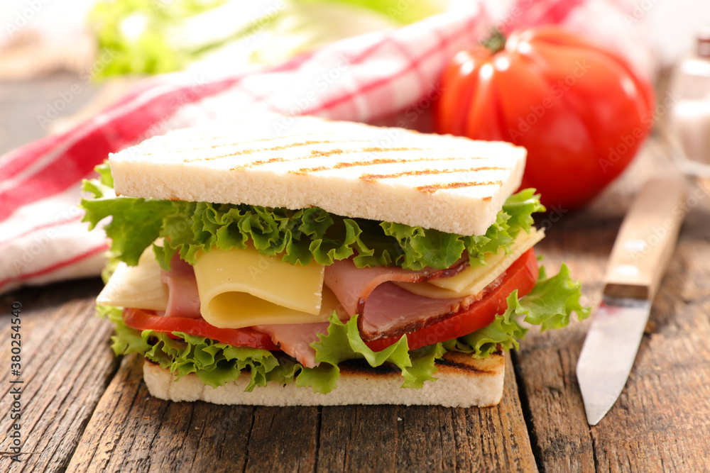 sandwich with cheese, ham and tomato
