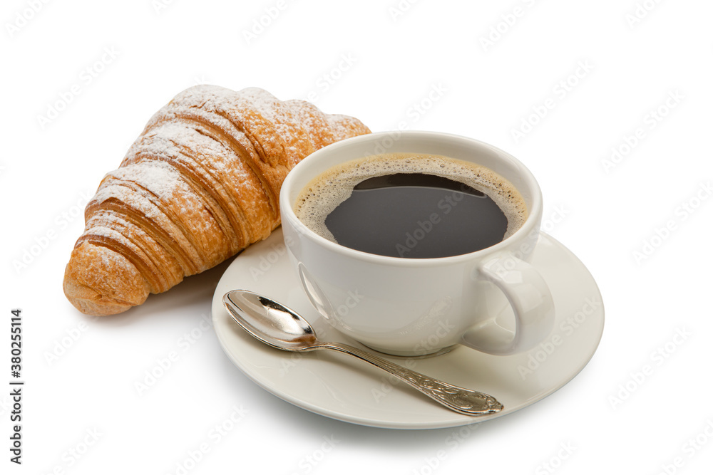cup of coffee and croissant isolated on white background cup of coffee and croissant isolated on white background