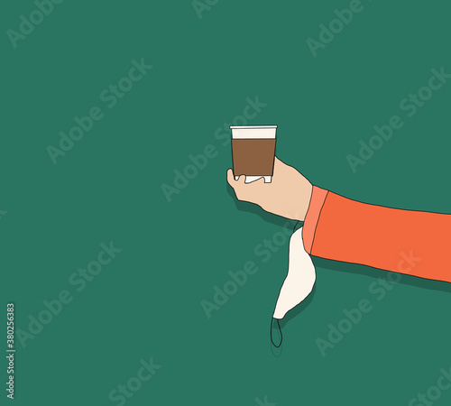 Hand holding disposable coffee cups with protective face mask during corona virus or COVID-19 quarantine, Physical distancing for protect Covid-19 concept. Selective focus.