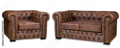 folding sofa and armchairs, soft and different colors on a white background isolated