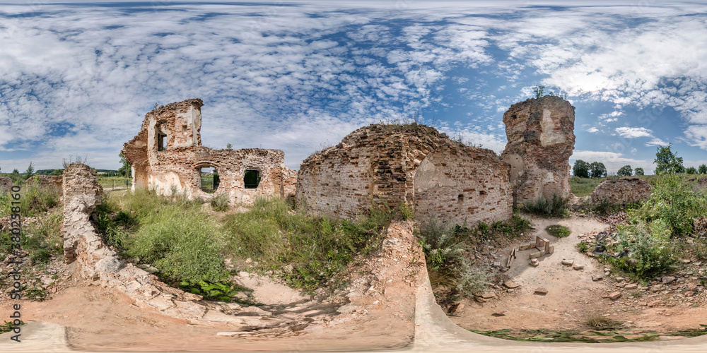 full seamless spherical hdri panorama 360 degrees angle view near brick wall of ruined castle or church in equirectangular projection with zenith and nadir, ready for  VR virtual reality content