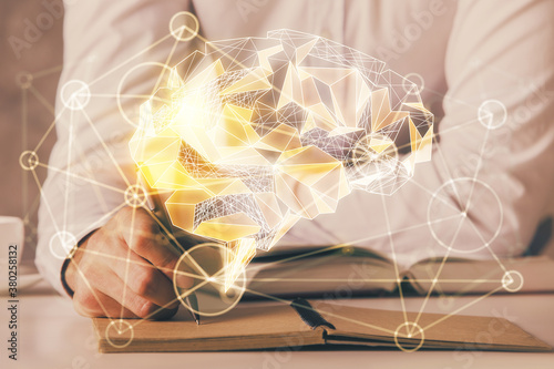 Man with multi exposure brain theme icons.